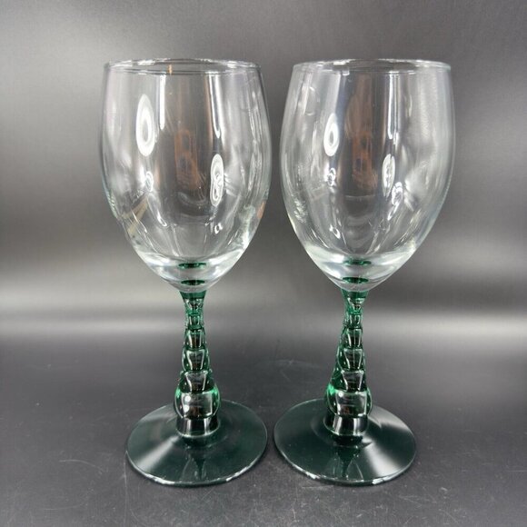 Libbey Green Christmas Tree Stem Water Goblet Wine Glass Crystal Cup Set Of 2 - Picture 10 of 15